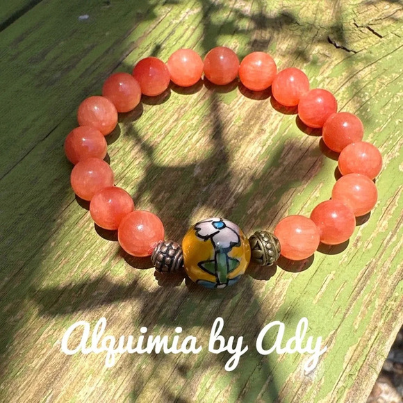 Orange  Tangerine Jade and  beaded bangle cuff bracelet - Picture 1 of 9